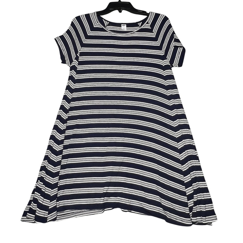 Old Navy Women's S Petite Navy White Stripe Ribbed Knit Swing Dress Short Sleeve